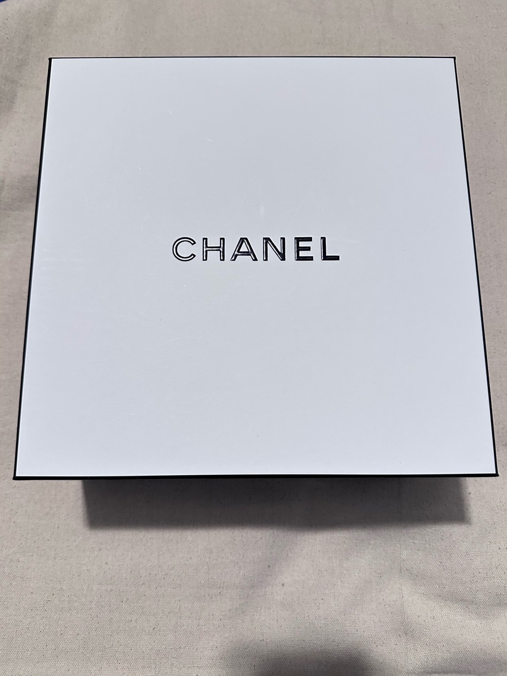 CHANEL | Box | Large Square White Box with Black Logo and Trim